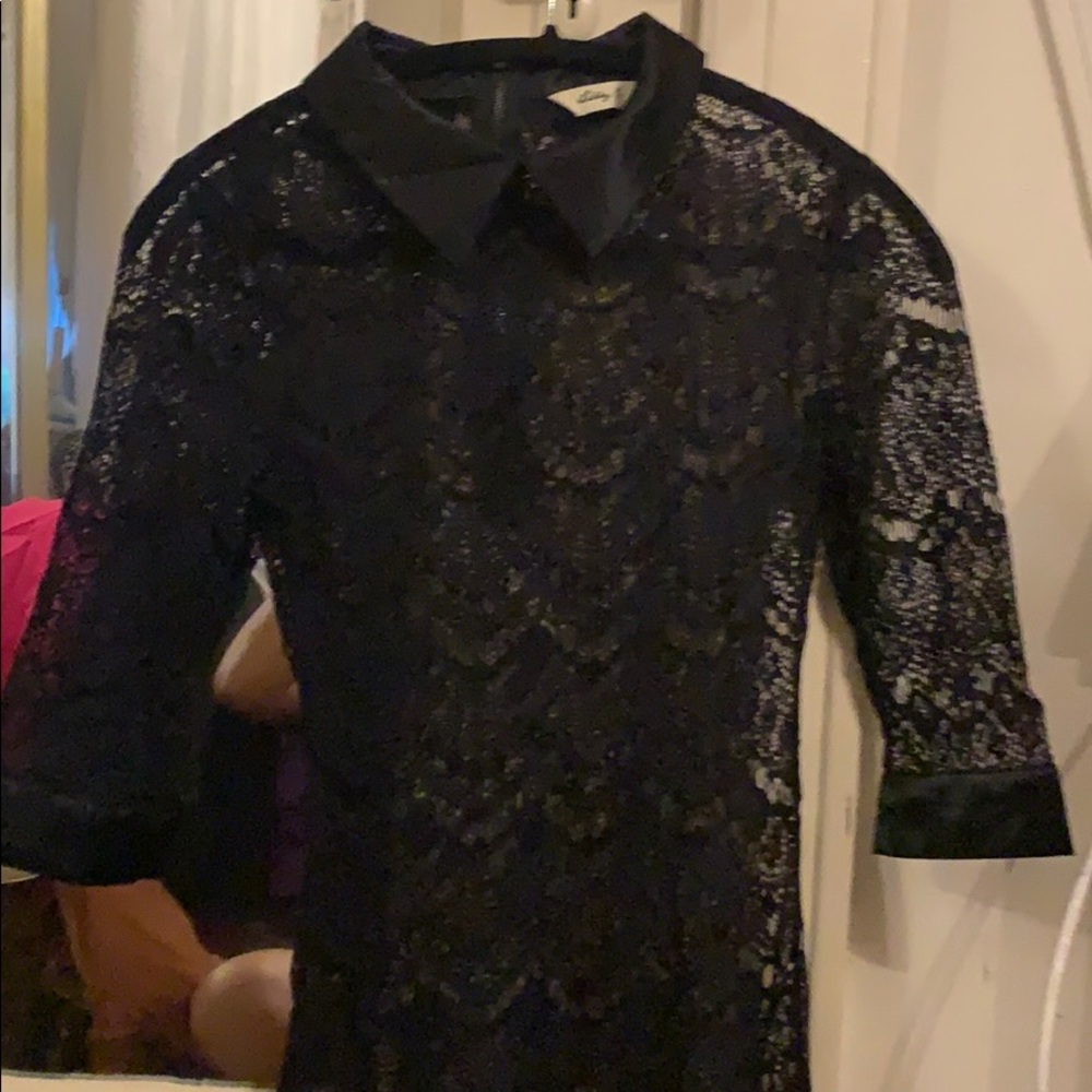 Black lace dress sheer with satin sleeves/ collar